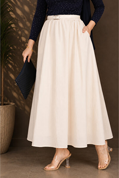 ASTEMİA Women's Belted Pocketed Maxi Length Summer Skirt Sb0042
