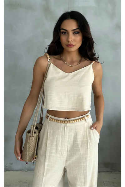 Perry Boutique Set pantaloni crop cu bretele din in, cu detalii din mărgele, ...