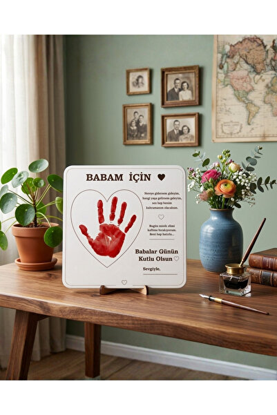 ih ihra Kişiye Özel "Babam İçin" Çocuk El İzli Ahşap Anı Panosu - Babalar Gün...