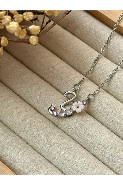 Tiştok accessory Çelik Zincir Gümüş Renk Çiçekli Mineli Harfi Vintage Kolye- ...