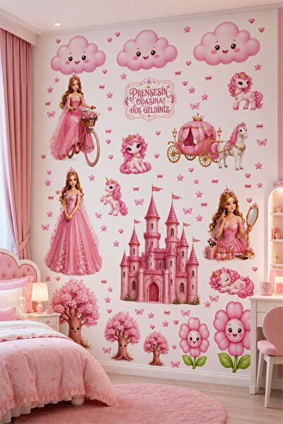 Göktuğ Hediyelik Prenses Çocuk Odası Duvar Sticker Seti 100x90 cm | Pembe Pre...