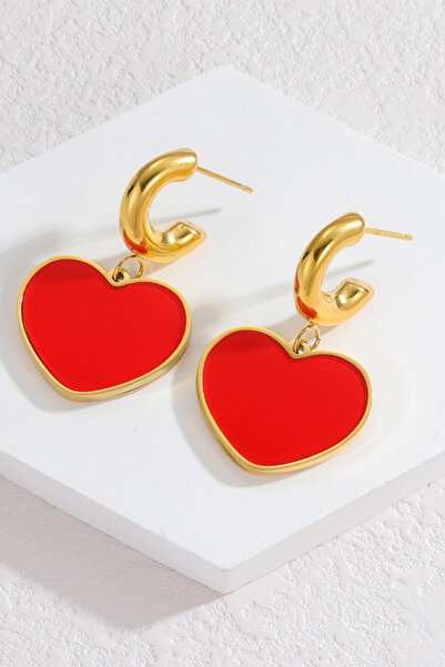 Parantez Aksesuar Red Heart Steel Gold Earrings