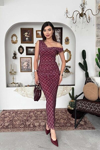 CKM MODA Efla Baklava Patterned Midi Dress Burgundy