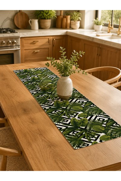 linea natura home مفرش طاولة من قماش الداك بنمط أوراق الشجر - مفرش طاولة بوهيمي استوائي |   ديكور غرفة المعيشة والمطبخ والشرفة