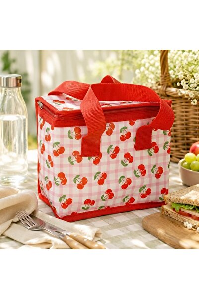 Z Store Geantă frigorifică cu model cireșe - Dungi roz și albe, 4L (21x12x19cm)
