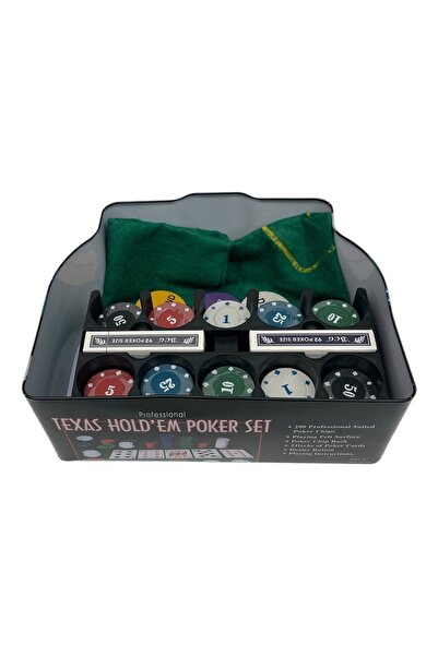 OEM Set Poker, 200 jetoane, 2 pachete cărți, suprafață fetru, cutie metalică