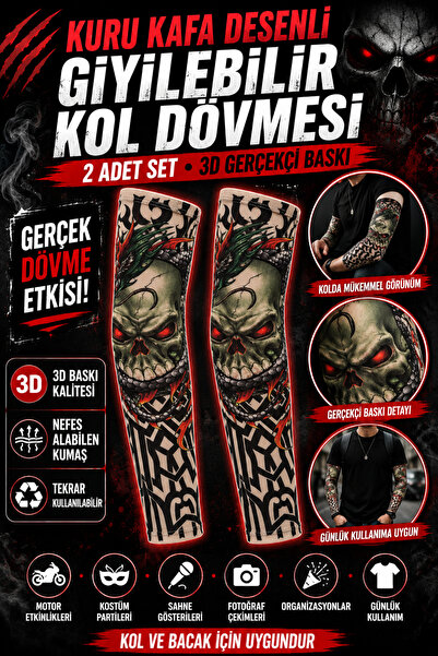 Tamsena Store 2 Adet Kuru Kafa Desenli Giyilebilir Kol Dövmesi 3D Baskılı Ger...