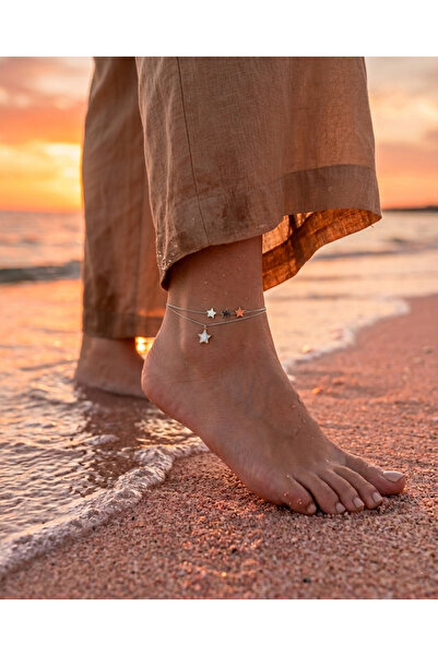 Eva Takı Store Star Figured Pearlescent Anklet with Dangle Silver Colored Anklet