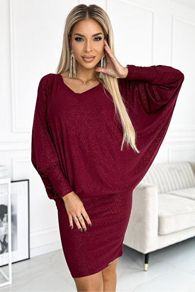 OEM Rochie tip liliac cu decolteu - culoare VISINIU cu sclipici Marimi Mari
