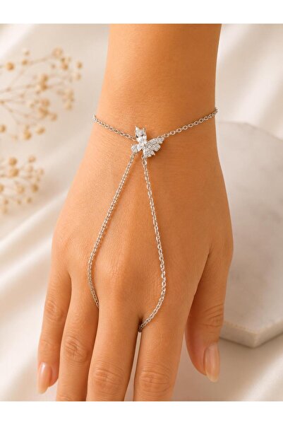 Mervişim Aksesuar Zircon Stone Silver Color Butterfly Detailed Shahmeran