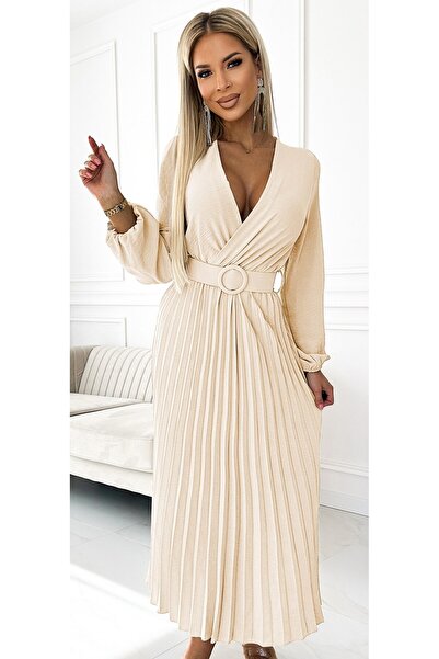 OEM Rochie midi plisata cu decolteu deschis, maneci lungi si curea lata - bej...
