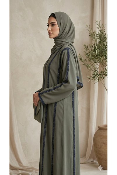 Generic Elegant Sage Green Minimalist Abaya with Contrast black Embellished Trim