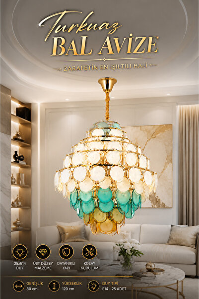 Elvora Home Modern (PREMİUM) Turkuaz Bal Cam Taşlı Lüks Avize Gold Gövdeli Sa...