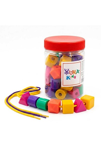 Eğitici İpe Boncuk Dizme Oyunu - Çocuklar İçin 36 Parça Büyük Boy (22mm) Geometrik Blok Ve 2 İpli Koordinasyon Seti