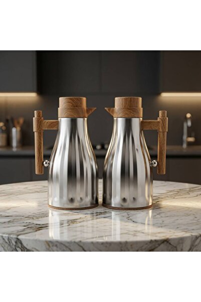 Royal Silver Matte Trams Set on Wood with 1 Liter Capacity, Heat Preservation...
