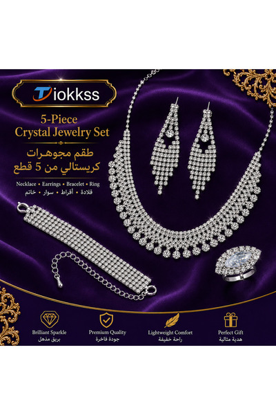 Tiokkss 5-Piece Women Rhinestone Jewelry Set, Silver Tone Crystal-Look Statem...