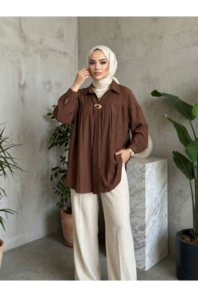 Naknaku Drawstring Cuffed Belt Buckle Detail Tunic-Brown