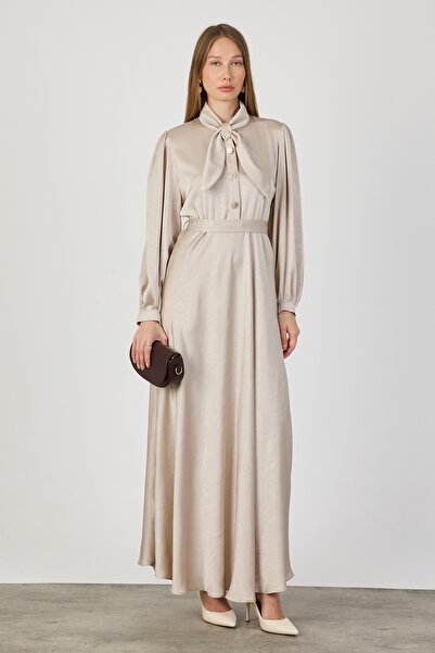 VAVİNOR Foulard Collar Satin Evening Dress - Beige