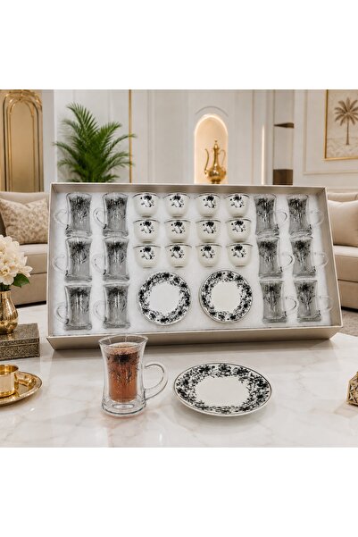 laverahome طقم كاسات شاي وفناجين قهوة فاخر 36 قطعة – تصميم زهري أسود أنيق