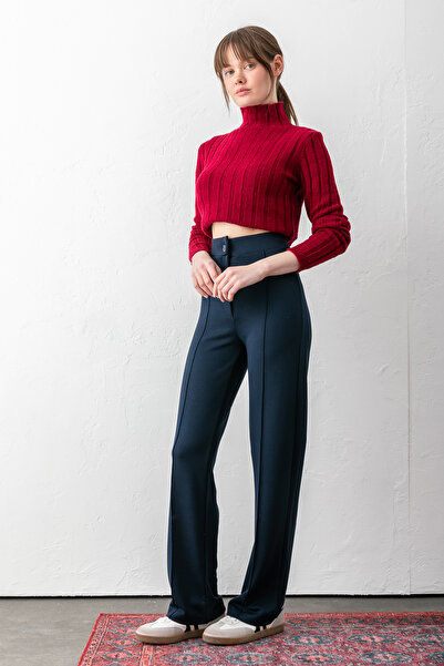 sea milano Pantaloni de damă, albastru marin, cu nasturi, modal talie înaltă ...