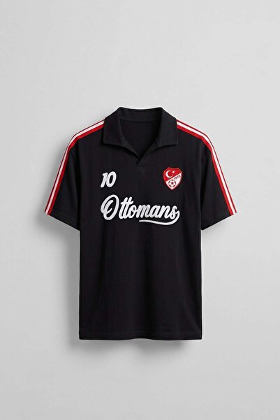 ablukaonline Erkek Oversize Ay Yıldız Detaylı Polo Yaka Forma T-Shirt Siyah
