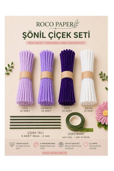 roco paper Şönil Çiçek Yapım Seti-100lü, DIY Şönil Tel, Çiçek Teli ve Bant Ki...