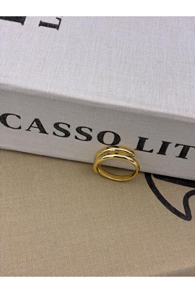 Hedef Bijuteri Gold Color Two Row Basic Adjustable Brass Ring T1