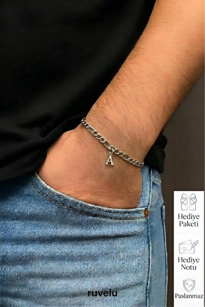 ruvelu A Harfli Paslanmaz Çelik Bileklik - Hediye Notu ve Hediye Paketi - Sev...