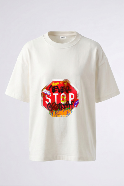 Anetos Tricou supradimensionat din bumbac alb, cu imprimeu pe spate, cu desig...