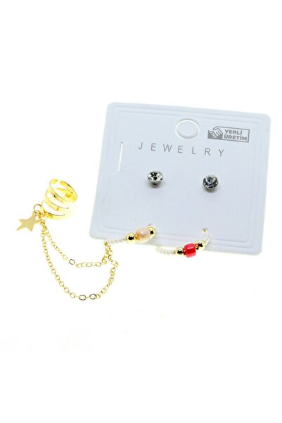 OGHAMAY Gold Color Round Cartilage Combination White Bead Earrings - 2849