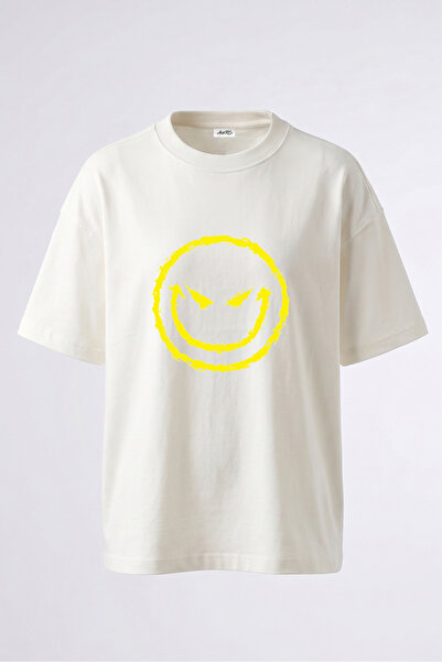 Anetos Tricou oversize alb din bumbac cu imprimeu pe spate Evil Smiley Design