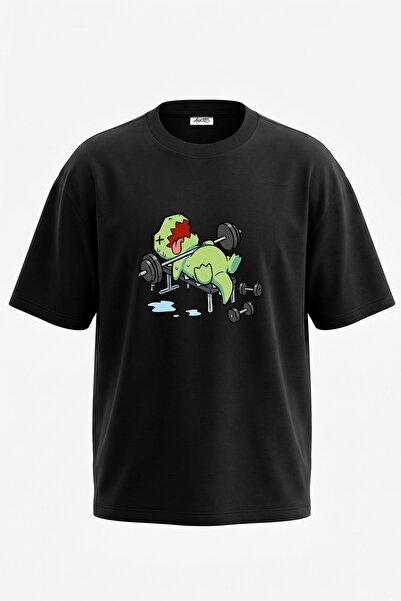 Anetos Dinosaur dizajn benchpressa, pamučna crna oversize majica sa štampanim...