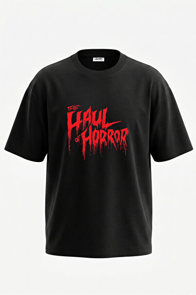 Anetos Tricou oversize negru din bumbac cu imprimeu pe spate Horror Font Design
