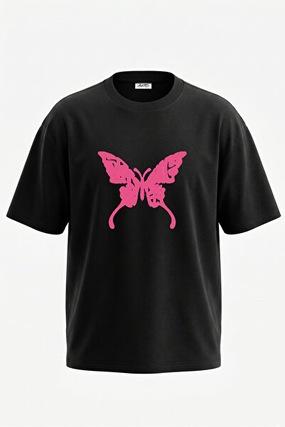 Anetos Tricou oversize negru din bumbac cu imprimeu pe spate cu design Flutur...