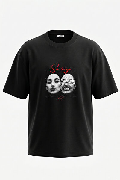 Anetos Tricou oversize negru din bumbac cu imprimeu pe spate Mood Swing Faces...