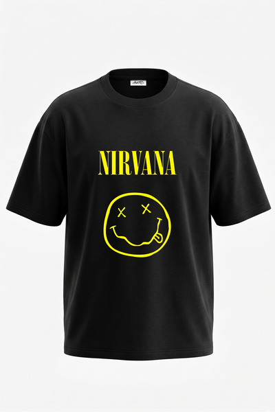 Anetos Nirvana Smiley_2 dizajn, pamučna crna oversize majica sa štampanim leđima