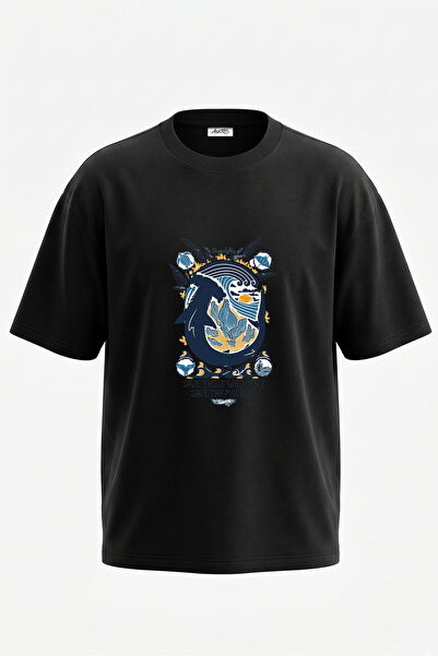 Anetos Tricou oversize negru din bumbac cu imprimeu Hammerhead Shark Design