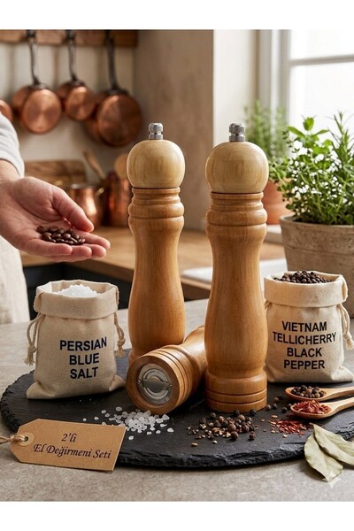 Neler Geldi Neler 2 Pieces Black Pepper Salt Coffee Spice Grinder Wooden Hand...