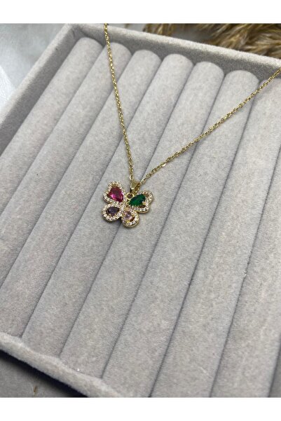 Kaan Accessoire Butterfly Figured Multi-Colored Stone Necklace with Stylish C...
