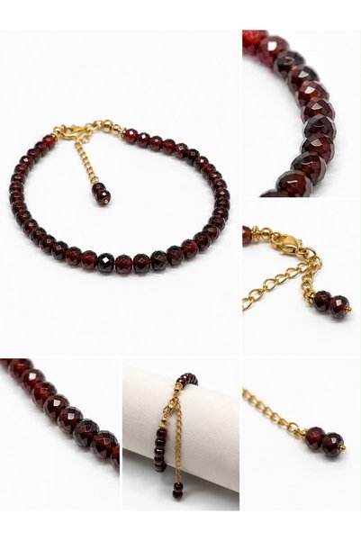 Agatella Tasarım Natural Garnet Stone Steel Bracelet Cube Cut Gold Color Adjustable Women's Bracelet