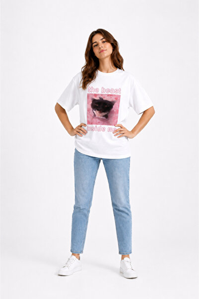 Ciel Lune The Beast Inside Me Τυπωμένο Unisex Oversize T-Shirt Μαύρη Γάτα Γρα...