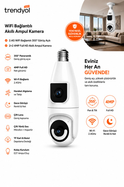 TUROVE 360° Döner WiFi Akıllı Ampul Kamera Çift Lens 4MP Full HD Gece Görüşlü...