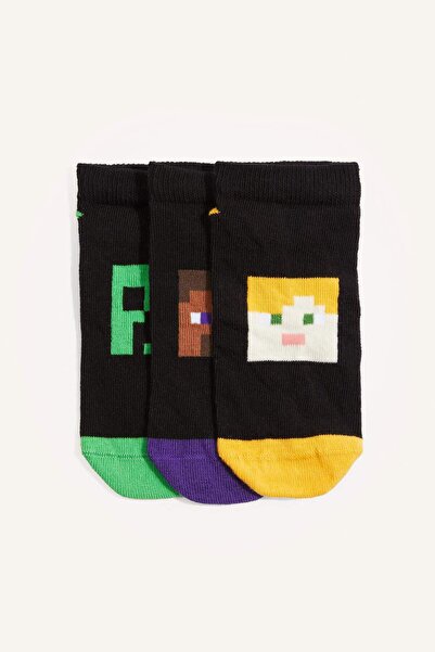 DeFacto Minecraft Lisanslı 3'lü Pamuklu Patik Karma Çorap Erkek Çocuk H6951A8NS