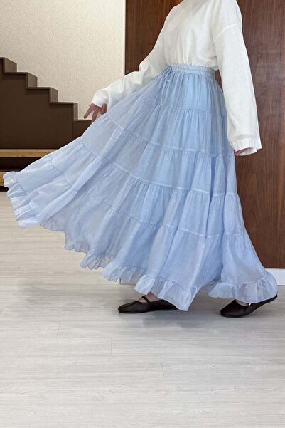 Faya Boutique Blue Polka Dot Patterned Chiffon Skirt
