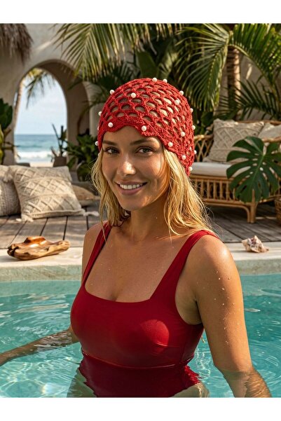 Trend Şapka 19097-5 Crvena mrežasta bandana kapa sa perlama