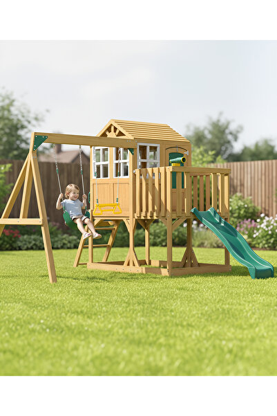 Fab N Funky Kids Wooden Playhouse with Swings and Slide, Engaging Playtime, S...