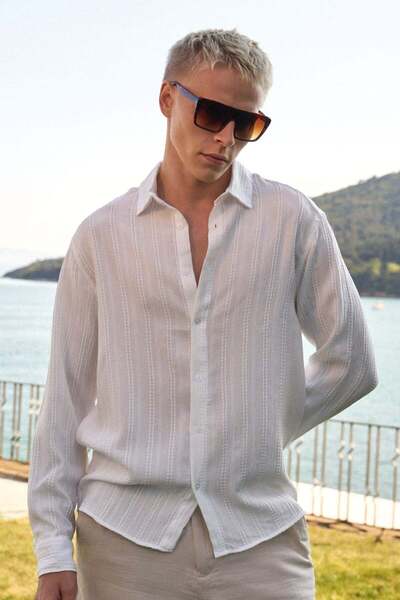 BARRELS AND OIL Men's Long Sleeve Dobby Shirt - White
