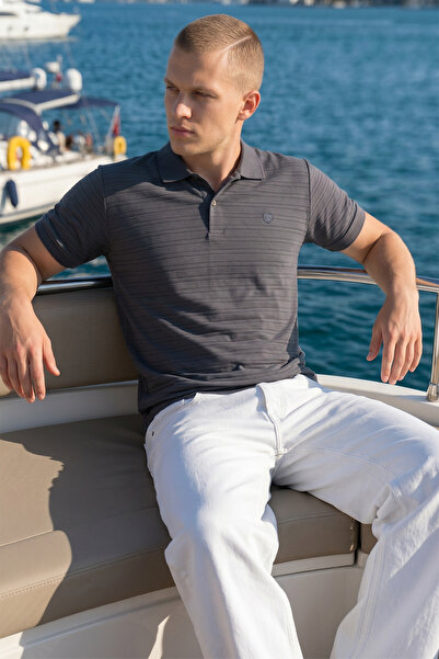 milidia Men's Basic Smoked 100% Cotton Striped Textured Slim Fit Polo Neck T-...