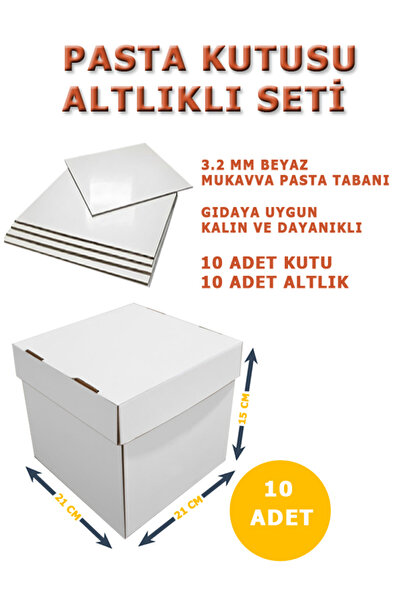 kutucum 21 X 21 X 15 PASTA KUTUSU VE ALTLIK SETİ 10 ADET BEYAZ OLUKLU MUKAVVA
