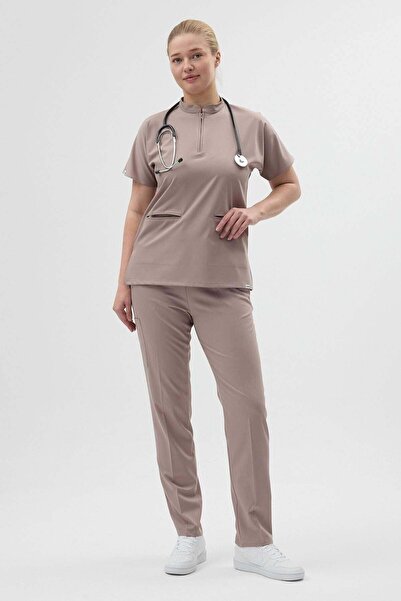Owlet Medikal Costum chirurgical cu fermoar din Lycra, culoare nurcă deschisă